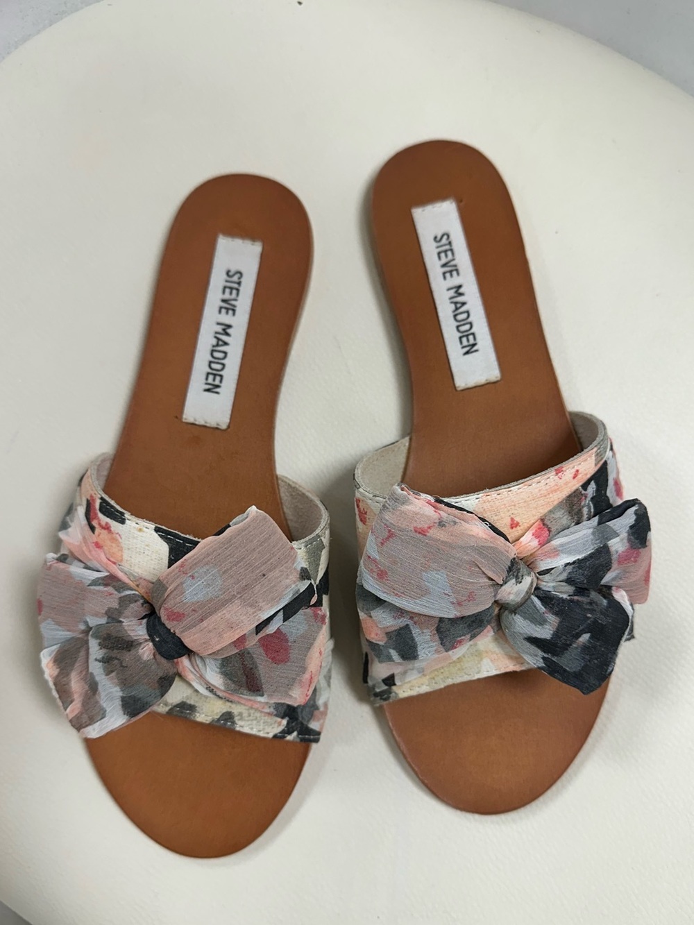 Steve Madden Floral Bow Slide Sandals - Pink, Black, Cream